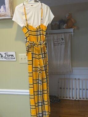 Yellow Plaid Wide-Leg Jumpsuit with Adjustable Straps